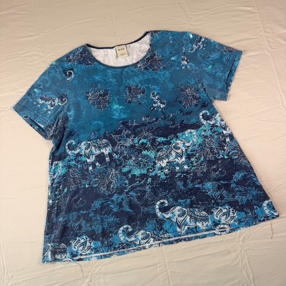 Blair Elephant Shirt Womens Large Blue Indian Batik Boho Graphic Short Sleeve